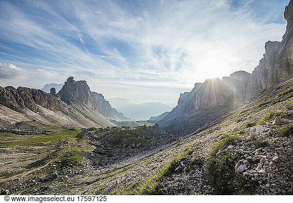 Italy  South Tyrol  View of Puez Group range at early summer sunset