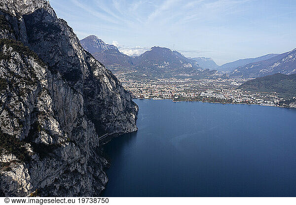 Italy  Trentino-Alto Adige  Riva del Garda  Aerial view of town on shore of Lake Garda