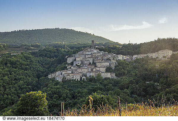 Italy  Tuscany  Castelnuovo di Val di Cecina  View of hillside village and surrounding landscape in summer