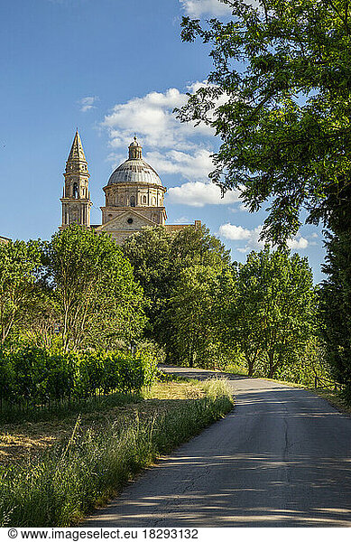 Italy  Tuscany  Montepulciano  Green trees surrounding footpath leading to San Biagio church