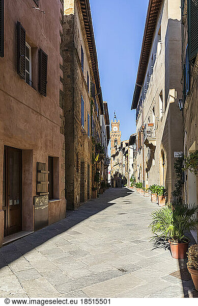 Italy  Tuscany  Pienza  Empty town alley with Torre Civica in background