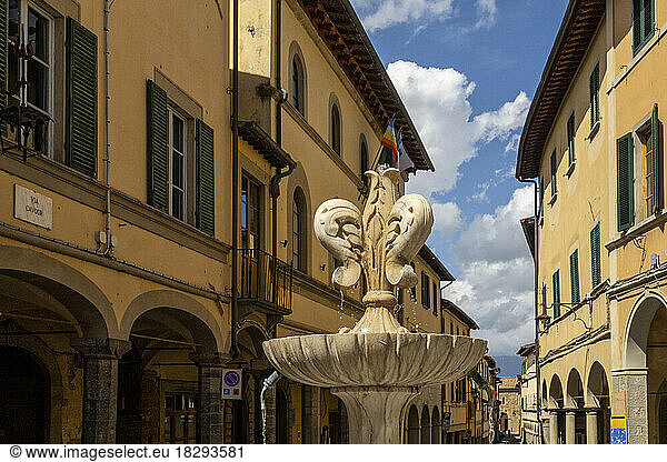 Italy  Tuscany  Poppi  Town fountain in summer