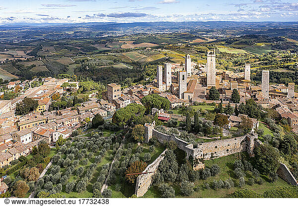 Italy  Tuscany  San Gimignano  Helicopter view of historic town in summer
