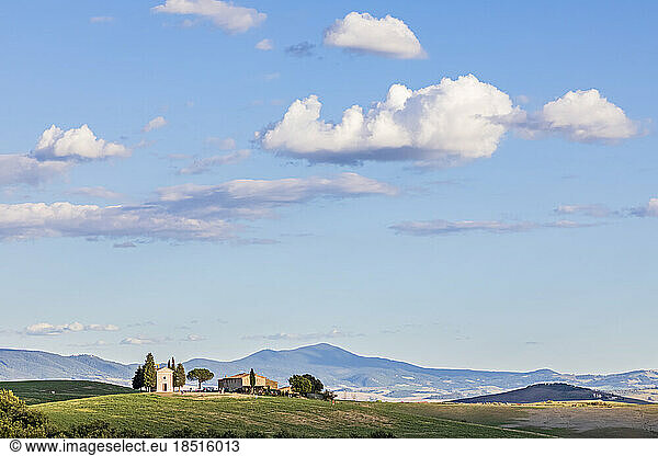 Italy  Tuscany  San Quirico DOrcia  Summer clouds over Cappella della Madonna di Vitaleta