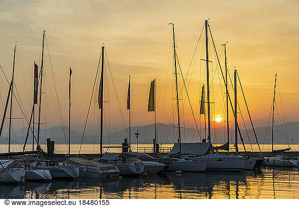 Italy  Veneto  Bardolino  Sailboats moored in harbor at sunset