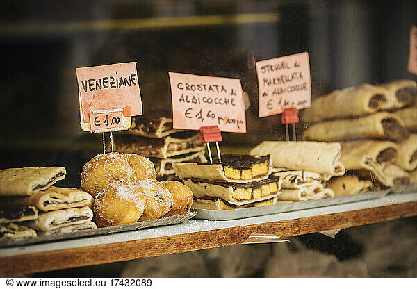 Italy  Veneto  Burano  Traditional Italian cakes on display at bakery