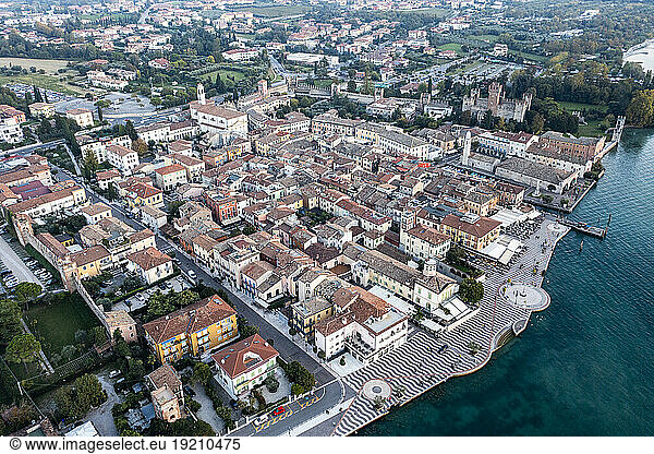 Italy  Veneto  Lazise  Aerial view of town on eastern shore of Lake Garda