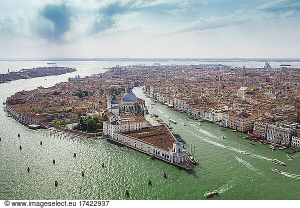Italy  Veneto  Venice  Aerial view of Grand Canal and Santa Maria Della Salute basilica