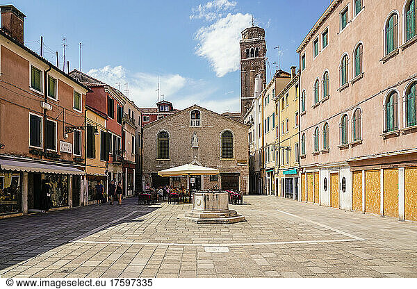 Italy  Veneto  Venice  Campo San Toma square with bell tower of Santa Maria Gloriosa dei Frari in background