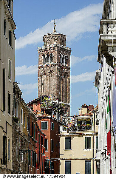 Italy  Veneto  Venice  Houses in front of bell tower of Santa Maria Gloriosa dei Frari