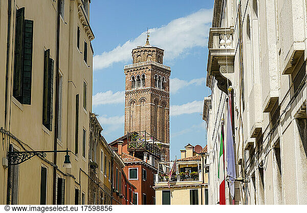 Italy  Veneto  Venice  Houses in front of bell tower of Santa Maria Gloriosa dei Frari