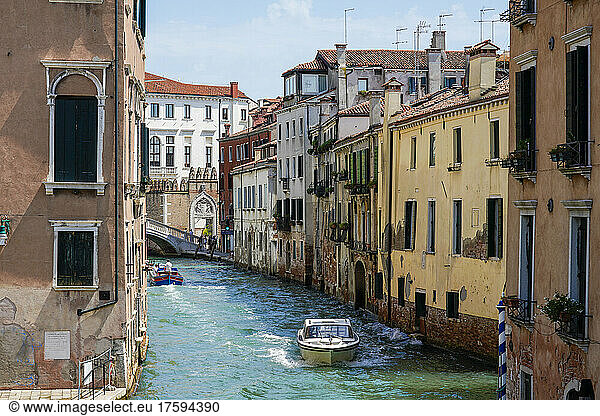 Italy  Veneto  Venice  Motorboat on Rio di San Pantalon canal