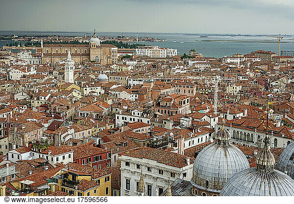 Italy  Veneto  Venice  Old town at dusk with Doges Palace and domes of Saint Marks Basilica in foreground