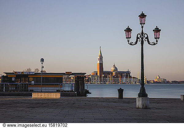 Italy  Venice  Coastal street lamp with San Giorgio Maggiore in background