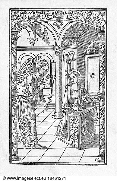 Italy: Woodcut of the Annunciation from Bernard of Clairvaux (Venice: 1503)Bernard of Clairvaux  O.Cist (1090 – August 20  1153) was a French abbot and the primary builder of the reforming Cistercian order.After the death of his mother  Bernard sought admission into the Cistercian order. Three years later  he was sent to found a new abbey at an isolated clearing in a glen known as the Val d'Absinthe  about 15 km southeast of Bar-sur-Aube. According to tradition  Bernard founded the monastery on 25 June 1115  naming it Claire Vallée  which evolved into Clairvaux. There Bernard would preach an immediate faith  in which the intercessor was the Virgin Mary. In the year 1128  Bernard assisted at the Council of Troyes  at which he traced the outlines of the Rule of the Knights Templar  who soon became the ideal of Christian nobility.