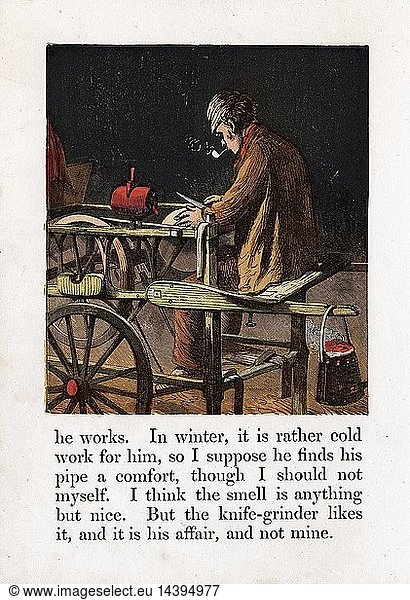 Itinerant Knife Grinder sharpening blade by turning grindwheel with treadle. Red can over grindwheel contains lubricant. Brazier hangs on handle of cart. Chromolithograph c1867