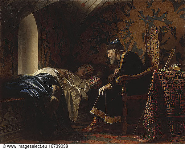 Ivan IV Vassilievitch  called the Terrible  Grand Prince (from 1533) and Tsar (from 1547)  1530–1584. “Ivan the Terrible before his sweetheart Vassilissa Melentjeva (from 1575 Ivan’s sixth wife). Painting by Grigorij Semjonowitsch Sjedow (1836–1886).
Oil on canvas  137 × 172 cm.
St Petersburg  Russian State Museum.