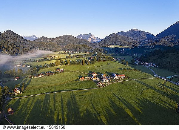 Jachenau in the morning light  Isarwinkel  aerial view  Upper Bavaria  Bavaria  Germany  Europe