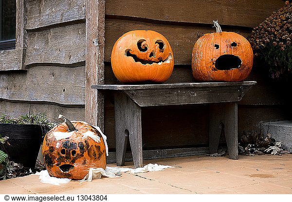 Jack O' Lanterns on porch during Halloween
