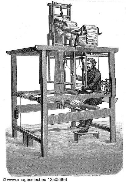 Jacquard-Webstuhl mit Stanzkarten  aus denen Muster gewebt wurden  1876. Künstler: Unbekannt