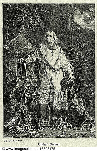 Jacques Benigne Bossuet; French theologian and pulpit lecturer; Dijon  27.9.1627 – Paris  12.4.1704.
– Portrait. –
Wood engraving facade  19th century  after the engraving by Pierre Devret (1697–1739) after the painting of Hyacinthe Rigaud (1649–1743).