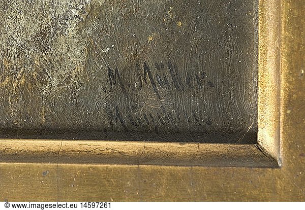 JAGDLICHES  Moritz MÃ¼ller (1841 - 1899) - GÃ¤msen im Gebirge  Ã–l auf Holz. Zwei GÃ¤msen zwischen Latschen und Felsen. Unten rechts signiert 'M. MÃ¼ller MÃ¼nchen'. In vergoldetem Stuckrahmen (etwas bestoÃŸen). BildmaÃŸe 16 x 21 cm  MaÃŸe gerahmt 42 x 47 cm