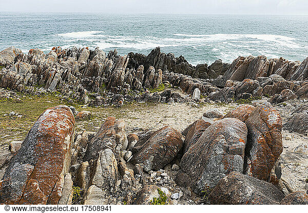 Jagged rocks and the rocky coastline of the Atlantic  vertical rock strata  geological formations.