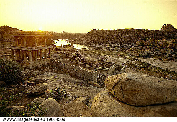 Jain Temple complex on the edge of the Tungabhadra River. Karnataka  India.