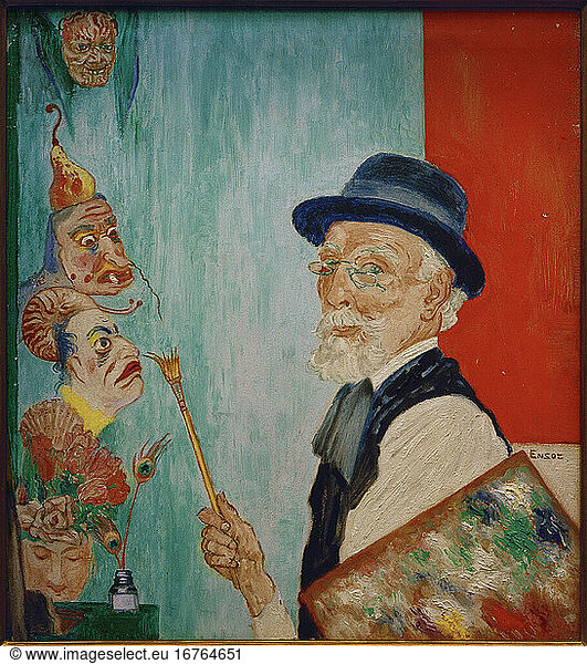 James Ensor; Belgian painter and graphic artist; Ostde 13.4.1860 – ibid 19.11.1949. “Mon portrait aux masques (self-portrait with masks)  1936. Oil on wood  29.5 × 26.5 cm.
Private collection.