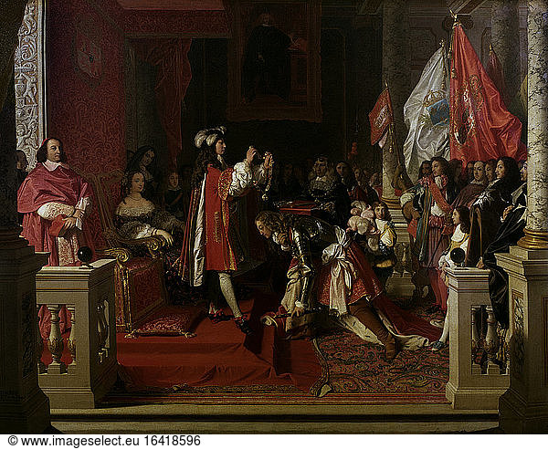James Fitzjames Berwick  Duke of B.  French landlord (natural son of James II of England and Arabella Churchill)  Moulins 21. 8. 1670 – (fallen) before Philippsburg 12. 6. 1734.– “Philippe V  roi d’Espagne  the de la Toison d’Orle de Maréchal de Berwick après la bataille d’Almanza (King Philip V of Spain  after the Battle of Almansa  gave Marshal von Bewick the Order of the Gold Fleece). –(In the Spanish War of Succession after the Battle of Almansa  April 25  1707).Painting  1813  by Jean Auguste Dominique Ingres (1780–1867).Oil on canvas  88 × 109 cm.Private collection.