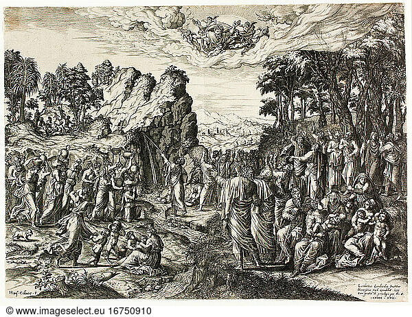 Jan Collaert  I  1506–1566). Moses Striking the Rock  1555. Engraving on ivory laid paper  366 × 493 mm.
Inv. No. 1998.77 
Chicago  Art Institute.