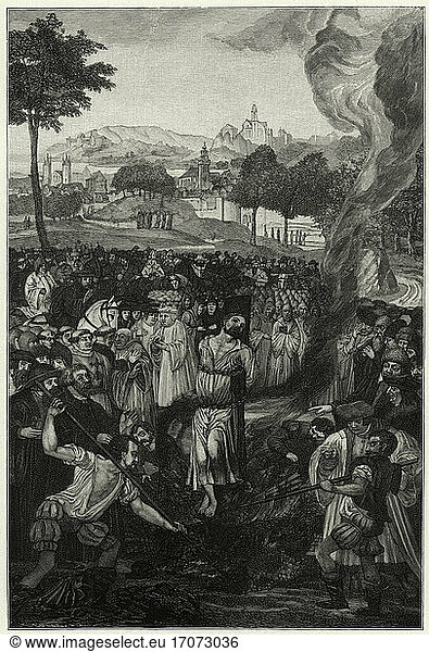 Jan Hus  (Johannes)  Czech church reformer  around 1370 – 1415.Hus at the stake.(Execution as heretic  Konstanz  July 6  1415).Wood engraving  19th century  after a Cancionale from the 16th century.