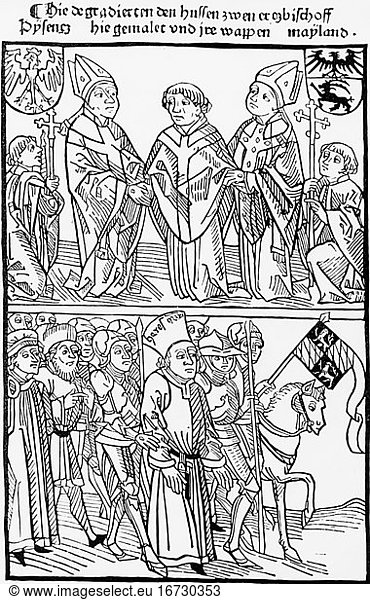Jan Hus  (John)  Church reformer  Around 1370–1415.Execution as a heretic at the Council of Constance  6 July 1415: Unclogging and road to the pyre.Woodcut  1483.From: Ulrich von Richental  Chronicle of the Constance Council  Augsburg (A. Sorg) 1483.