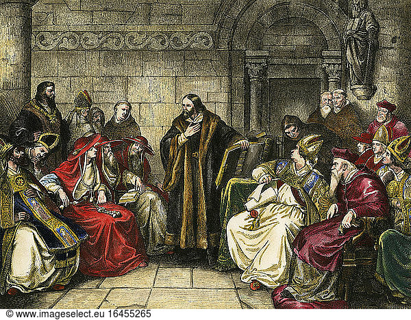Jan Hus  (John)  Church reformer  Around 1370–1415.“Was at the Council of Constance (1414/15).Wood engraving  1862  after painting  1842  by Karl Friedrich Lessing (1808–1880).From: F. Blau  German History in Pictures  2nd volume  Dresden (C.C. Meinhold) 1862.Later coloring.