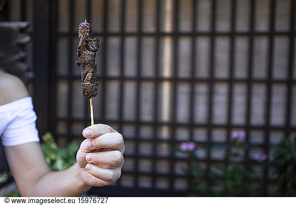 Japan  Hand of woman holding yakitori skewer