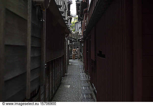 Japan Ishikawa Prefecture Kanazawa Narrow alley between buildings