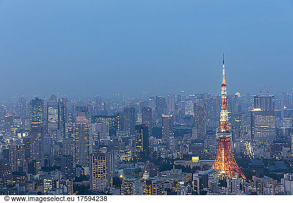 Japan  Kanto Region  Tokyo  City downtown at dusk with Tokyo Tower in foreground