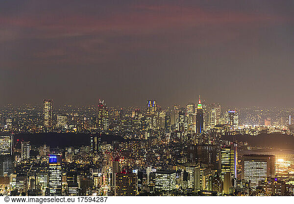 Japan  Kanto Region  Tokyo  Illuminated city downtown at night
