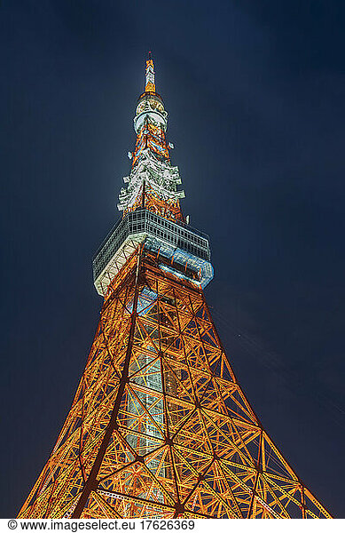 Japan  Kanto Region  Tokyo  Illuminated top of Tokyo Tower at night
