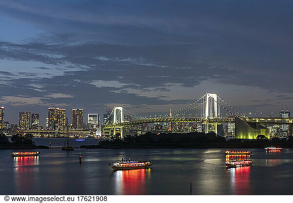 Japan  Kanto Region  Tokyo  Long exposure of Tokyo Bay and Rainbow Bridge at dusk