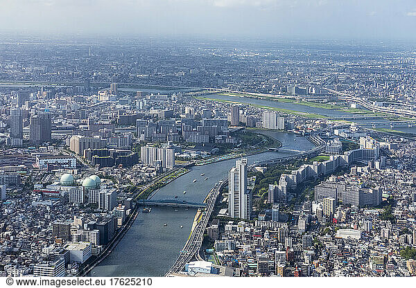 Japan  Kanto Region  Tokyo  Sumida River and surrounding buildings seen from Tokyo Skytree