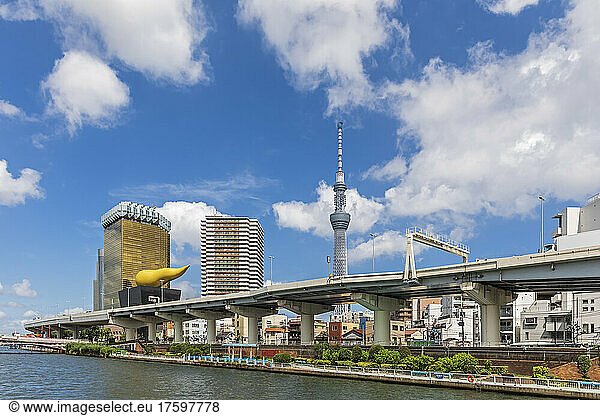 Japan  Kanto Region  Tokyo  View of Metropolitan Expressway  Asahi Beer Hall and Tokyo Skytree