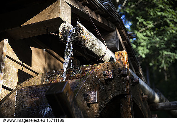 Japan  Takayama  Close-up of watermill at Hida Folk Village