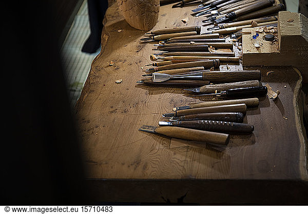 Japan  Takayama  Collection of various chisels lying on workbench