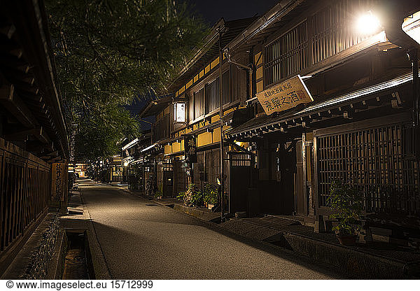 Japan  Takayama  Illuminated street of Japanese village at night