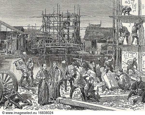 Japanese stonecutters  masons and carpenters building a European house  Japan. Old 19th century engraved illustration Travel to Japan by Aime Humbert from El Mundo en La Mano 1879.