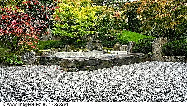 Japanischer Garten mit Kiesbett und Steinformation  Berlin  Deutschland  Europa