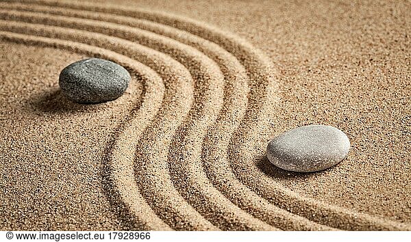 Japanischer Zen-Steingarten  Entspannung  Meditation  Konzept der Einfachheit und des Gleichgewichts  Panorama aus Kieselsteinen und geharktem Sand  ruhige  friedliche Szene