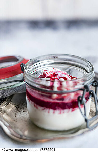 Jar of homemade frozen yogurt with raspberry topping