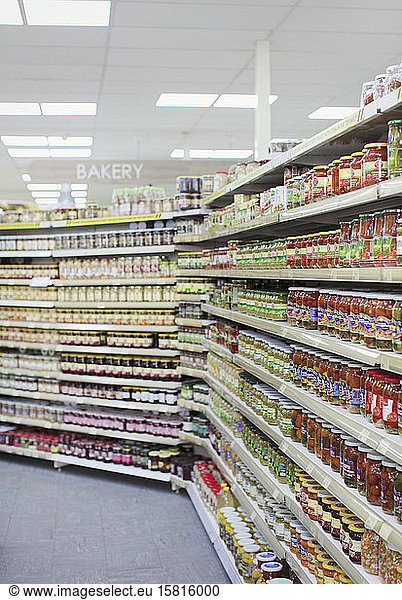 Jars of food lining supermarket shelves